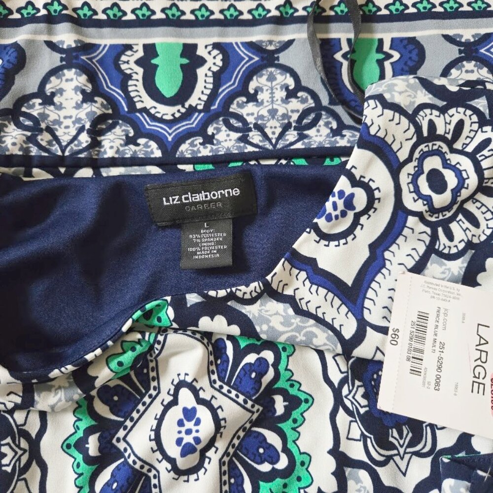 NWT Liz Claiborne sz Large cap sleeve patterned dress blue / white / mint green - Picture 5 of 5